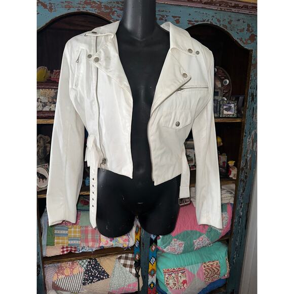 VINTAGE 90s ABS WHITE POLYURETHANE MOTO BIKER JACKET S - Picture 2 of 13